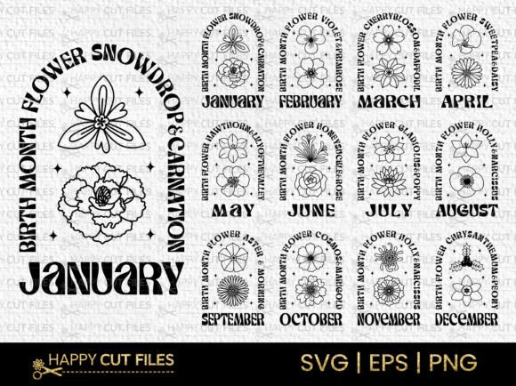 Boho Birth Month Flowers: Graphics & Illustrations